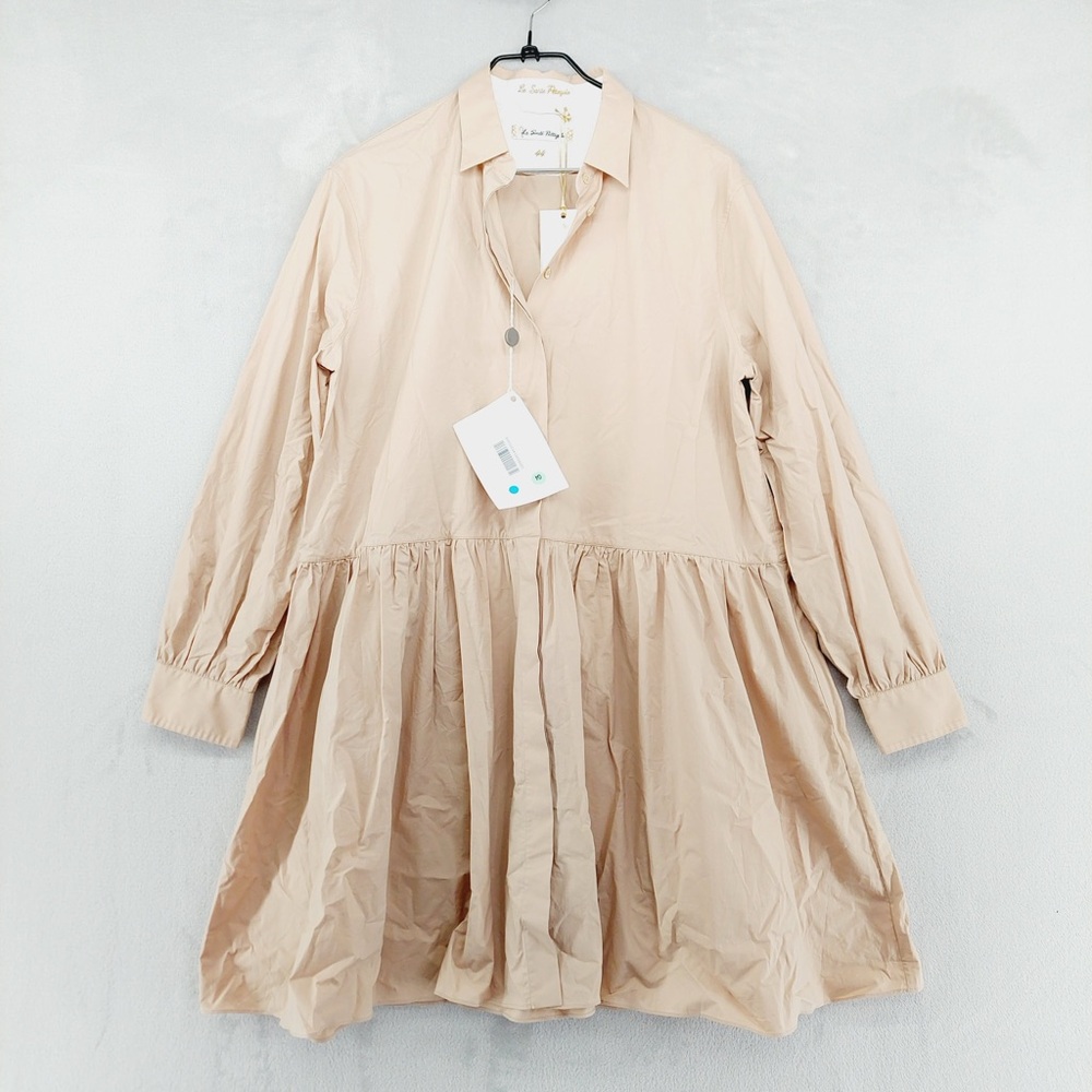 NEW Le Sarte Pettegole Tan Button Pleated Waist Long Sleeve Midi Dress P3975